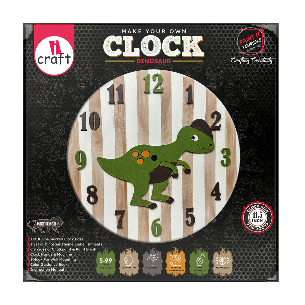iCraft DIY Clock Kit - Dinosaur Theme Decor Craft for Kids iCraft